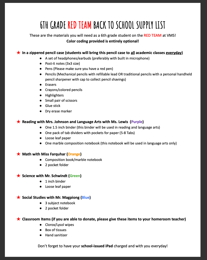 6TH GRADE RED TEAM BACK TO SCHOOL SUPPLY LIST These are the materials you will need as a 6th grade student on the RED TEAM at
